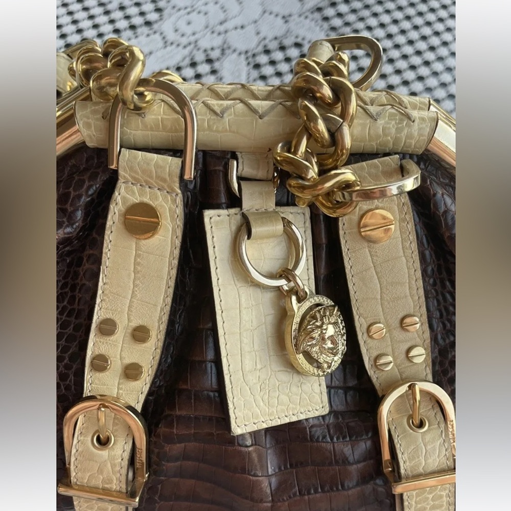Vintage Versace Brown/Cream Croc EmbossedLeather Madonna Satchel NWT - Picture 8 of 12